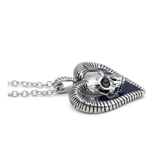 Horned Skull Heart Necklace - Blue Heart - NWT Stainless Steel - Picture 3 of 6